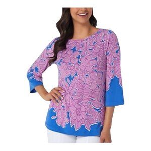 Bob Mackie Botanical Print Knit Top Small Orchid Floral Tunic Long Sleeve